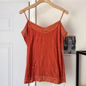TALENT vintage y2k orange gauze knit lace trim sequin v-neck cropped tank top